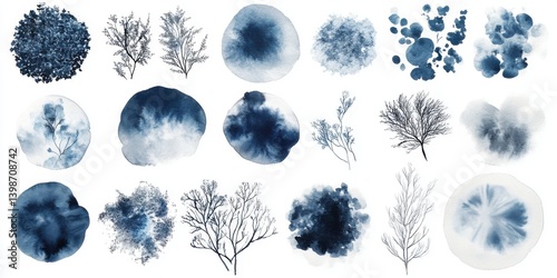 Artistic blue ink and watercolor abstracts with tree branch illustrations