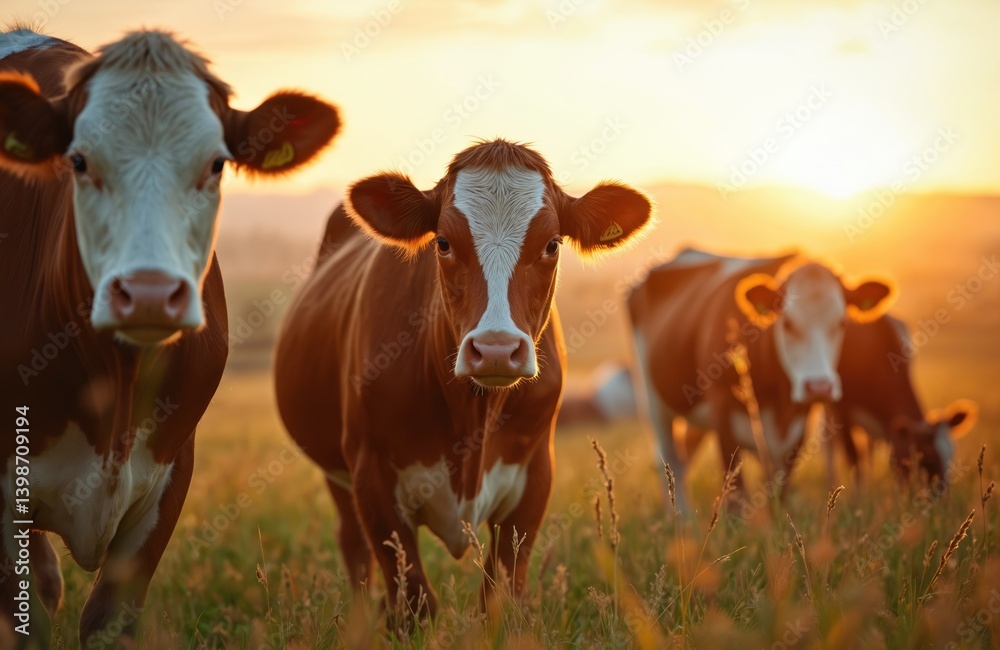 Cows graze in field at sunset. Peaceful rural scenery with cattle on green grass. Golden hour sunlight bathes livestock. Agriculture, farming, food production. Eco-friendly meat industry, dairy Cows graze in field at sunset. Peaceful rural scenery with cattle on green grass. Golden hour sunlight bathes livestock. Agriculture, farming, food production. Eco-friendly meat industry, dairy