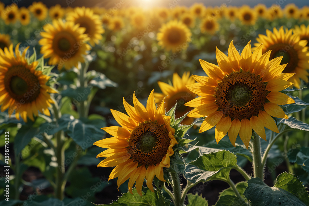 Fototapeta premium A close-up of bright yellow sunflowers in full bloom, bathed in sunlight. Their large petals and rich color radiate warmth, joy, and summer beauty