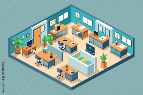 Simple isometric vector of an open office with cubicles, meeting rooms, and a break area