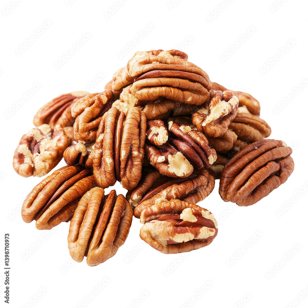 Pile of fresh pecans showcasing their rich texture and color against a clean background Pile of fresh pecans showcasing their rich texture and color against a clean background