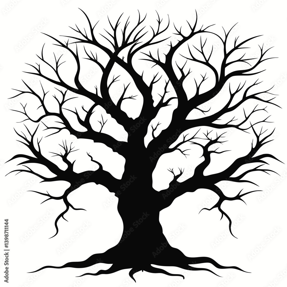 Obraz premium Silhouette Tree with Bare Branches on Isolated White Background, Spooky and Gloomy