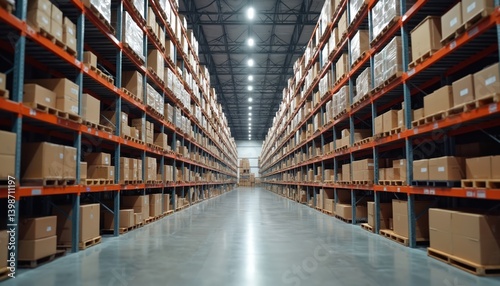 Interior of large warehouse filled with rows of shelves stacked with goods on pallets. Boxes, cartons, stored for distribution logistic business. Modern storage facility industry.