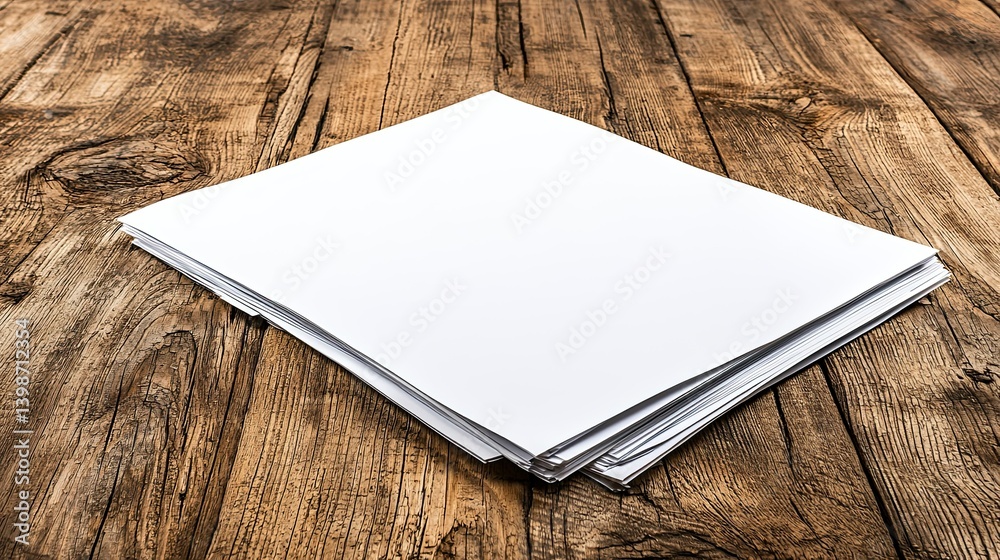 Fototapeta premium Blank Papers Stacked on Rustic Wooden Table