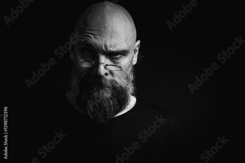 Black and white portrait of a tense bald man with a gray beard and round glasses makes a slight pinching gesture, emotions. Low key portrait with dramatic lighting and expressive face on a black backg