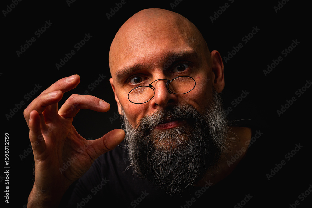 Intense bald man with a grey beard and round glasses making a small pinch gesture. Low key portrait with dramatic lighting and expressive face on black background