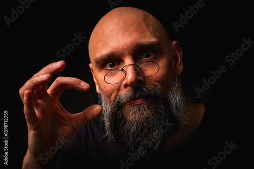 Obraz na płótnie Intense bald man with a grey beard and round glasses making a small pinch gesture. Low key portrait with dramatic lighting and expressive face on black background w salonie