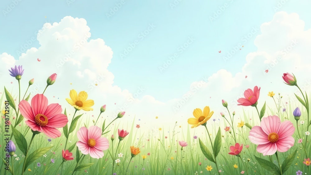 Vibrant wildflowers sway gently in a sunlit meadow under a tranquil blue sky, creating a serene and picturesque springtime scene. Vibrant wildflowers sway gently in a sunlit meadow under a tranquil blue sky, creating a serene and picturesque springtime scene.