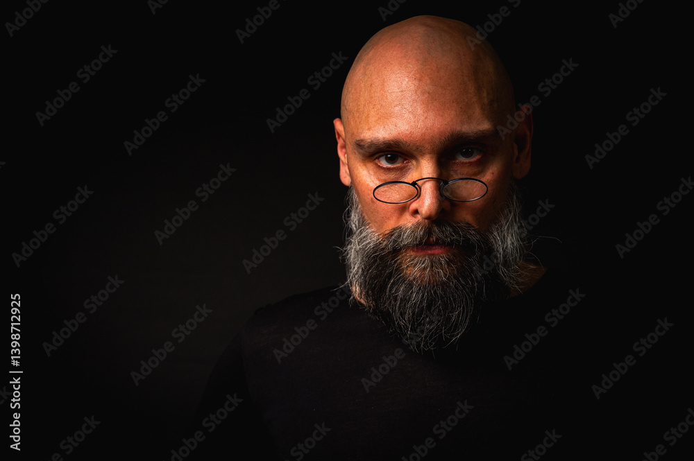 Intense bald man with a grey beard and round glasses making a small pinch gesture. Low key portrait with dramatic lighting and expressive face on black background