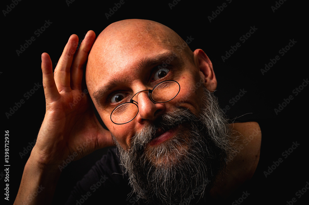 Intense bald man with a grey beard and round glasses making a small pinch gesture. Low key portrait with dramatic lighting and expressive face on black background
