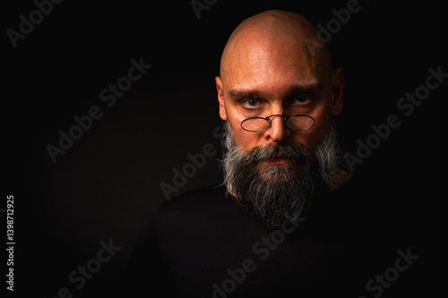 Obraz na płótnie Intense bald man with a grey beard and round glasses making a small pinch gesture. Low key portrait with dramatic lighting and expressive face on black background w salonie