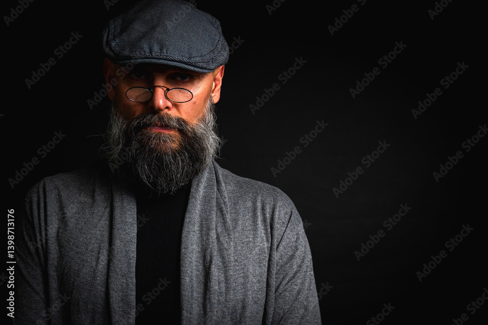 Portrait of an emotional bearded man in a gray brass knuckles, a gray sweater and glasses looking at the camera on a dark background. Dramatic portrait in subdued lighting, expressive face, emotional