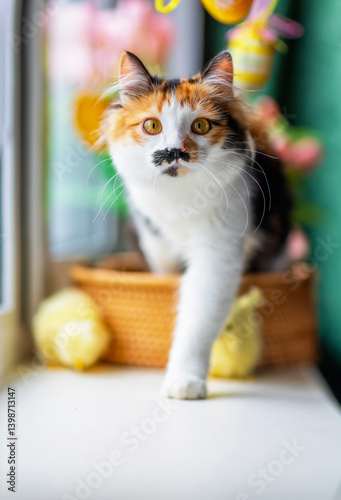 funny cute kitten sitting in a basket on a windowsill among flowers and color...