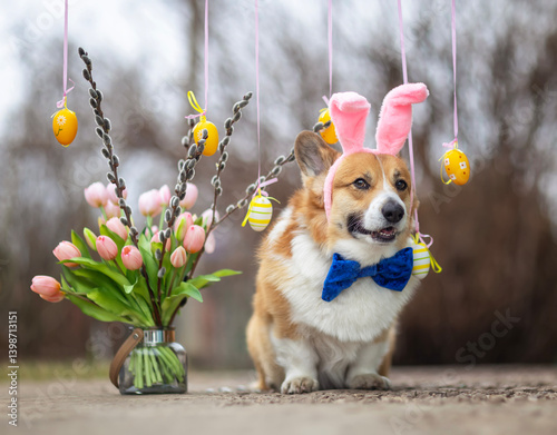 cute corgi dog wearing Easter pink bunny ears and bow tie in spring garden am...