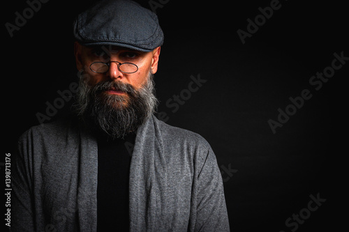 Obraz na płótnie Portrait of an emotional bearded man in a gray brass knuckles, a gray sweater and glasses looking at the camera on a dark background. Dramatic portrait in subdued lighting, expressive face, emotional w salonie