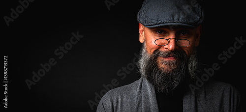 Obraz na płótnie Portrait of an emotional bearded man in a gray brass knuckles, a gray sweater and glasses looking at the camera on a dark background. Dramatic portrait in subdued lighting, expressive face, emotional w salonie