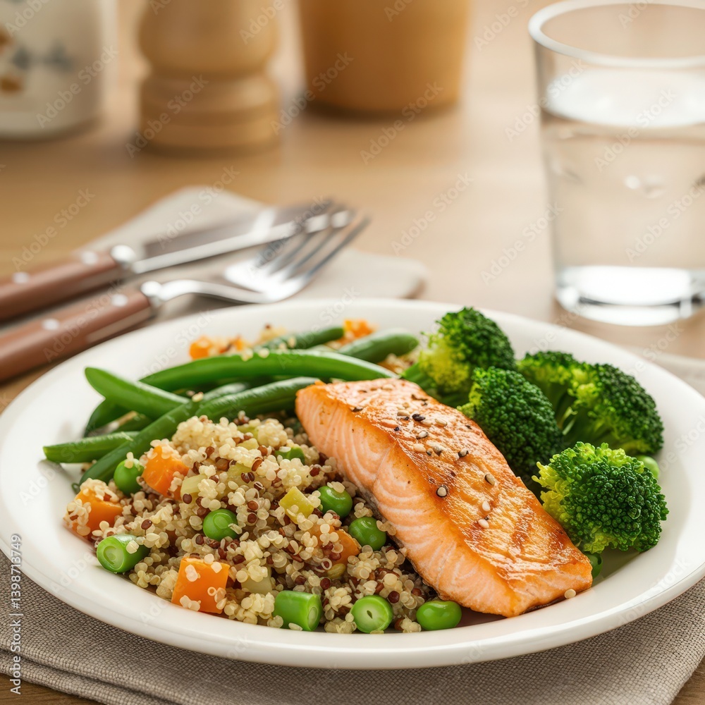 Healthy balanced meal with grilled salmon fillet, quinoa, green beans and broccoli on white plate. Clean eating diet food with protein and vegetables for nutrition and wellness. Healthy balanced meal with grilled salmon fillet, quinoa, green beans and broccoli on white plate. Clean eating diet food with protein and vegetables for nutrition and wellness.