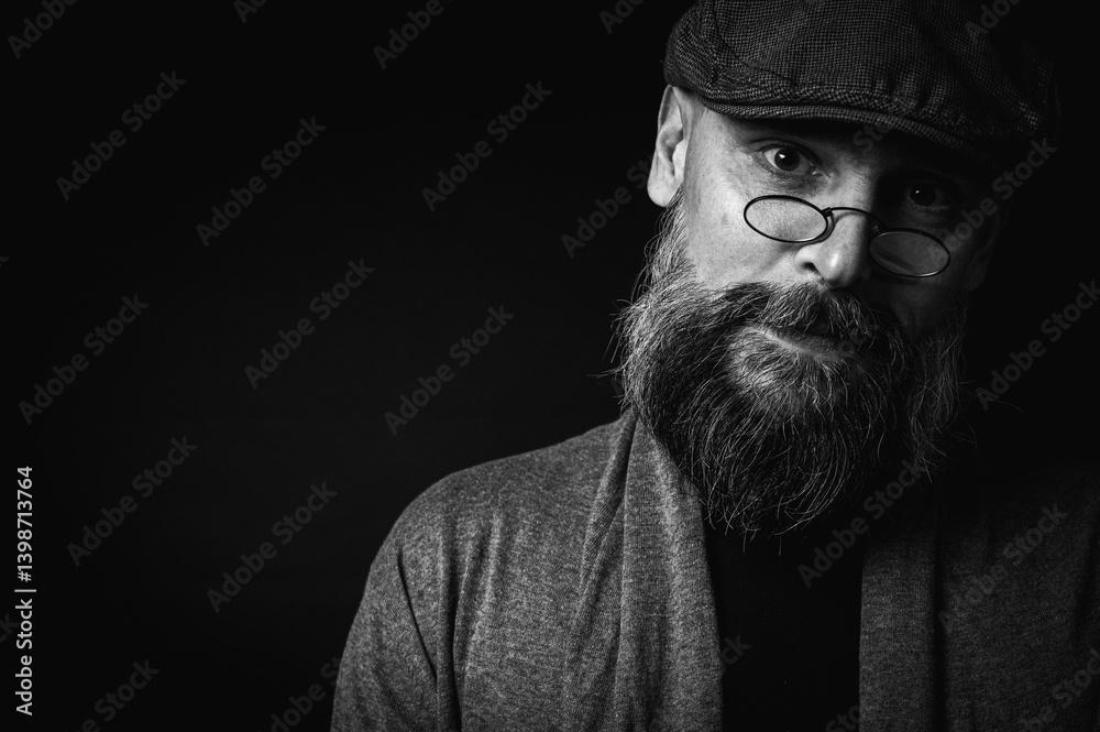 Black and white, portrait of an emotional bearded man in a gray hat, gray sweater and glasses looking at the camera on a dark background. Dramatic portrait in dim lighting, expressive face, emotional