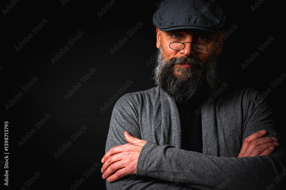 Portrait of an emotional bearded man in a gray hat, gray sweater and glasses looking at the camera on a dark background. Dramatic portrait in dim lighting, expressive face, emotional
