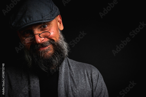 Obraz na płótnie Portrait of an emotional bearded man in a gray brass knuckles, a gray sweater and glasses looking at the camera on a dark background. Dramatic portrait in subdued lighting, expressive face, emotional w salonie