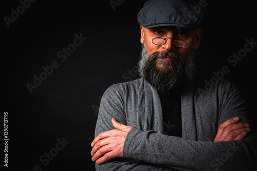 Obraz na płótnie Portrait of an emotional bearded man in a gray hat, gray sweater and glasses looking at the camera on a dark background. Dramatic portrait in dim lighting, expressive face, emotional w salonie