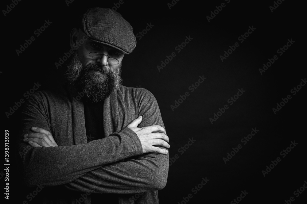 Black and white, portrait of an emotional bearded man in a gray hat, gray sweater and glasses looking at the camera on a dark background. Dramatic portrait in dim lighting, expressive face, emotional