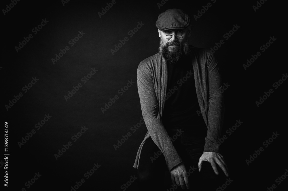 Black and white, portrait of an emotional bearded man in a gray hat, gray sweater and glasses looking at the camera on a dark background. Dramatic portrait in dim lighting, expressive face, emotional