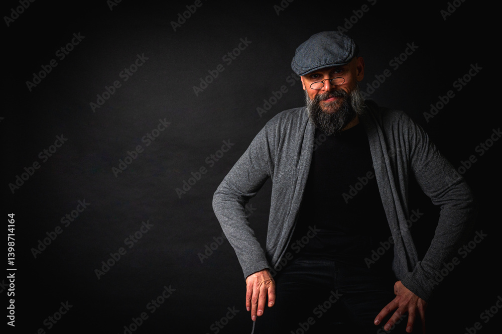 Portrait of an emotional bearded man in a gray brass knuckles, a gray sweater and glasses looking at the camera on a dark background. Dramatic portrait in subdued lighting, expressive face, emotional