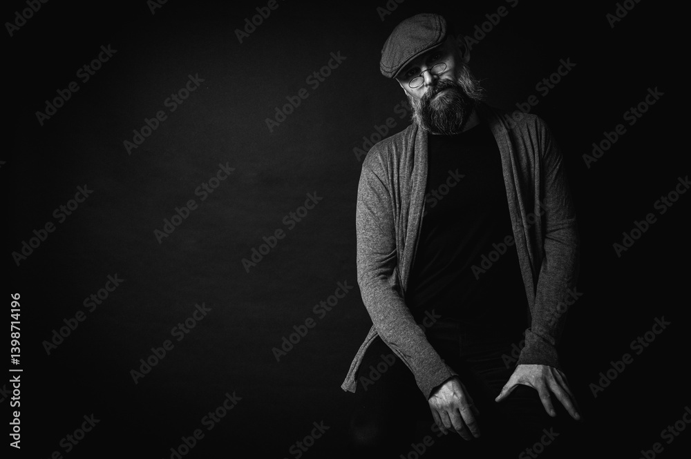 Black and white, portrait of an emotional bearded man in a gray hat, gray sweater and glasses looking at the camera on a dark background. Dramatic portrait in dim lighting, expressive face, emotional