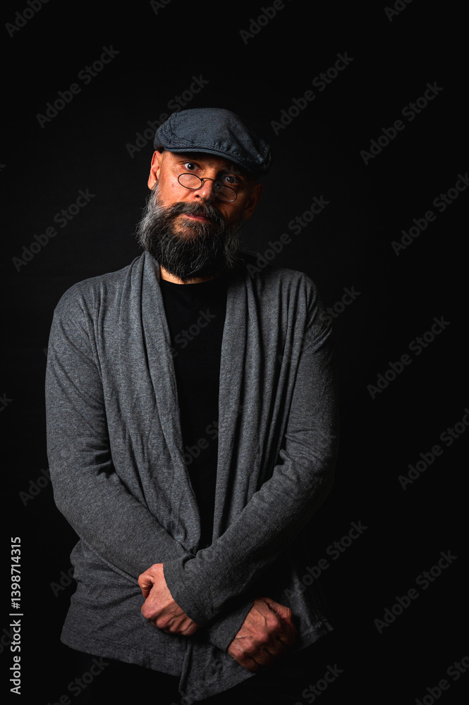 emotional, macro portrait of a serious bearded man in a cap and glasses on a black background. Stylish, intense look with a confident and mysterious expression, emotions place for inscription on a bil
