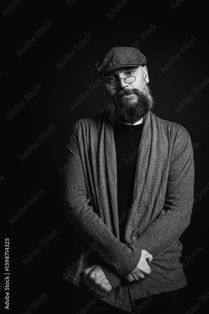 Black and white, portrait of an emotional bearded man in a gray hat, gray sweater and glasses looking at the camera on a dark background. Dramatic portrait in dim lighting, expressive face, emotional