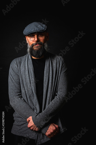 Obraz na płótnie Portrait of an emotional bearded man in a gray brass knuckles, a gray sweater and glasses looking at the camera on a dark background. Dramatic portrait in subdued lighting, expressive face, emotional w salonie