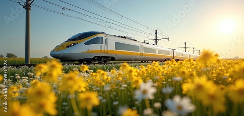 High-speed train rides through field of yellow flowers. Emu train on railroad tracks. Modern transport technology, travel, tourism, infrastructure concept. Beautiful spring landscape. Passenger train