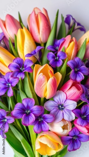 Pastel tulips and violets in a whimsical spring bouquet, beautiful, colorful