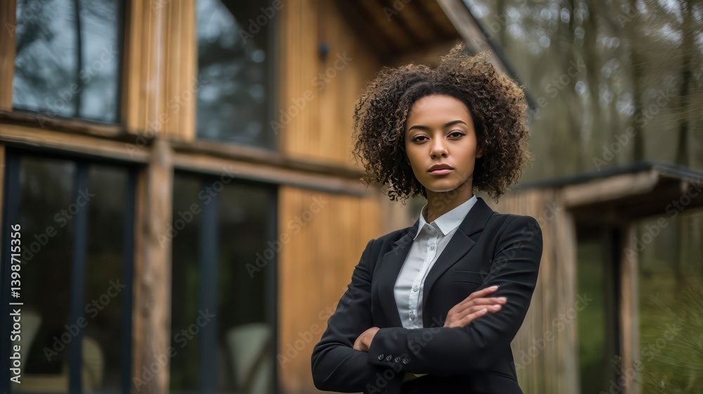 Confident Female Real Estate Agent in Business Suit Outside Modern Wooden House Confident Female Real Estate Agent in Business Suit Outside Modern Wooden House