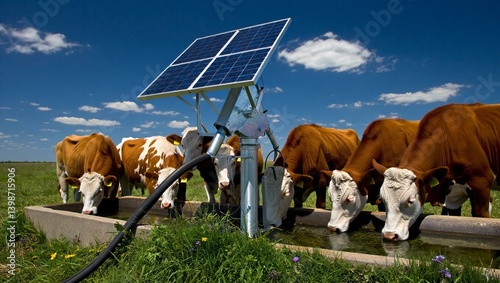 Cattle drinking from water trough powered by solar energy on sunny farmland