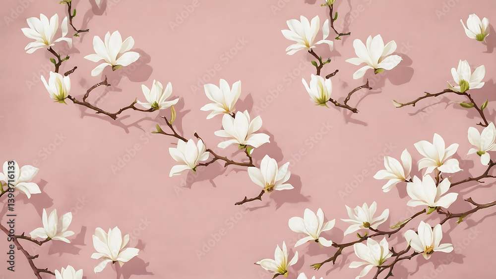 Fototapeta premium White magnolia flowers on pink background