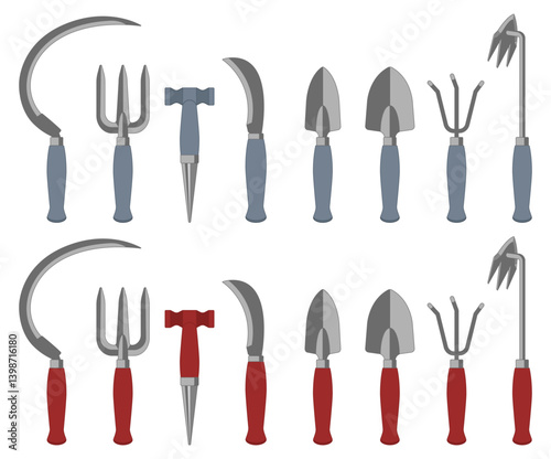 Garden tools set. Garden tools with red and blue handles. Vector illustration isolated on white.