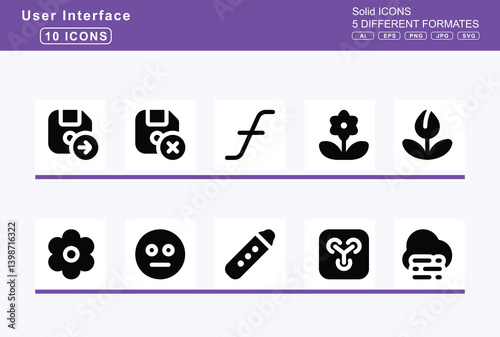 Set of 5 solid user interface icons, face, fearful, icon, flat, vector, glasses, grin, tongue, wink, hand, yawn, head, bandage, hushed, icicles, lying