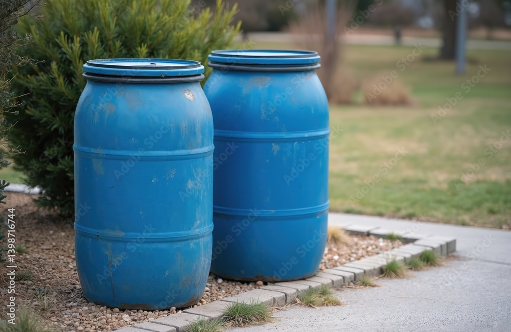 Blue barrels outdoor. Containers for water storage, rubbish disposal, material transport in park. Plastic drums stand near walkway, green grass. Environmental, recycling, garbage collection. Blue barrels outdoor. Containers for water storage, rubbish disposal, material transport in park. Plastic drums stand near walkway, green grass. Environmental, recycling, garbage collection.
