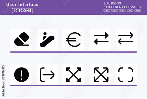 Set of 5 solid user interface icons, diagram, successor, icon, flat, vector, venn, dial, high, low, max, med