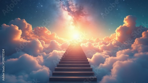 Beautiful sky with a bright sun and a staircase leading to the clouds. The sky is filled with fluffy white clouds and the sun is shining brightly