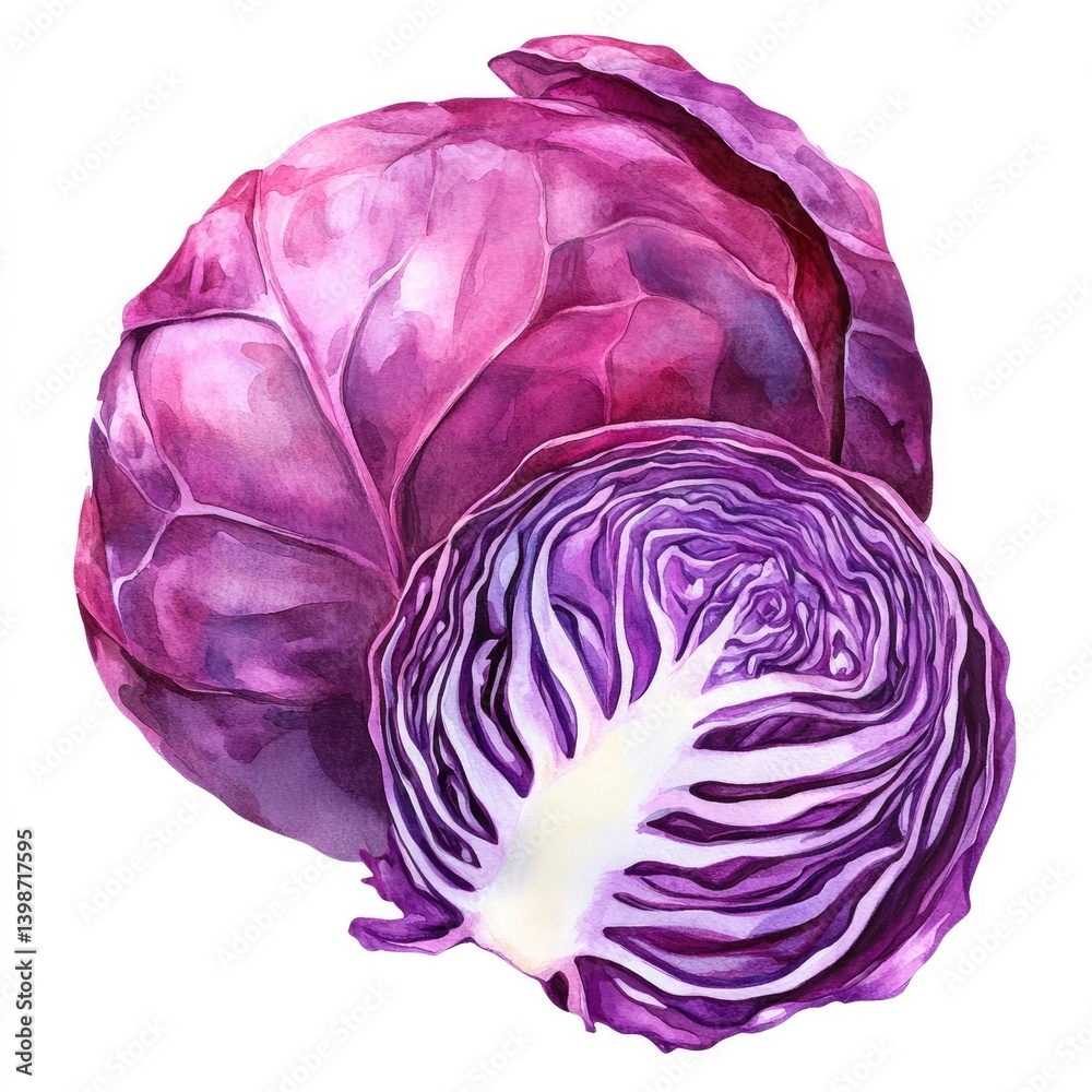 Obraz premium Vibrant purple cabbage, whole head and cross-section, detailed watercolor illustration