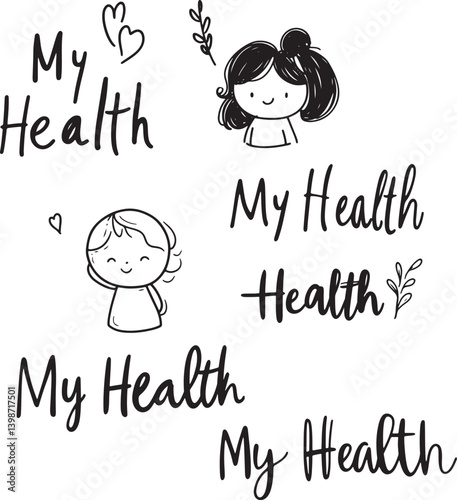 set of doodle sketch that say my health