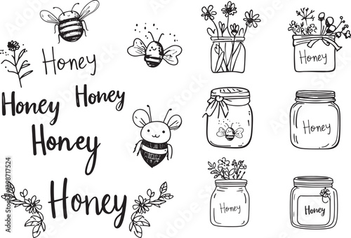 set of doodle sketch of honey and bees concept