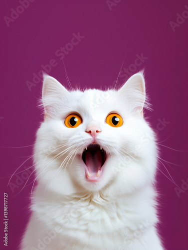 Furious white cat with enormous golden eyes hissing, screaming, mouth wide open on dark magenta background. Animal expression for veterinarian and pet care poster.