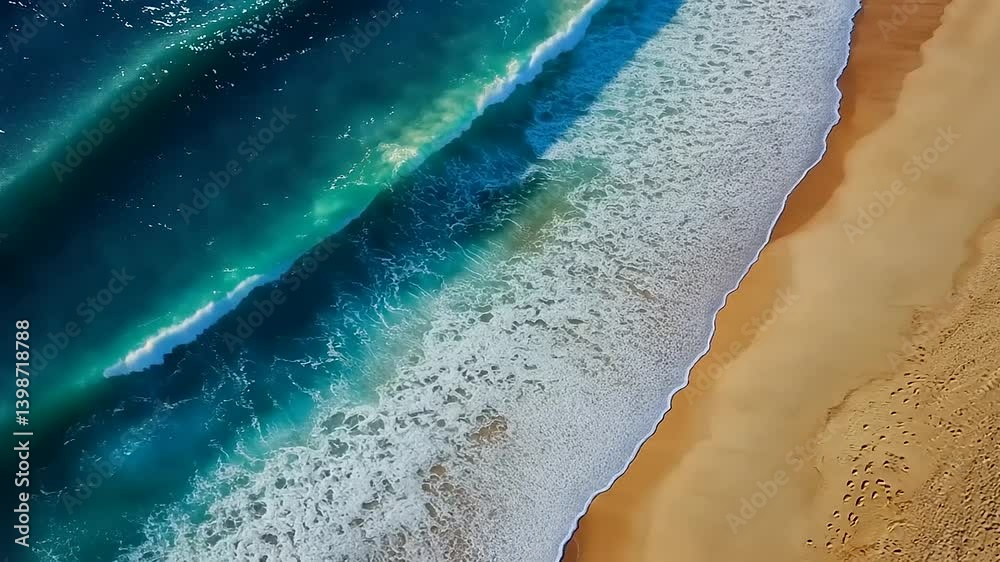 Aerial view of vibrant ocean waves crashing onto a sandy beach under bright sunlight