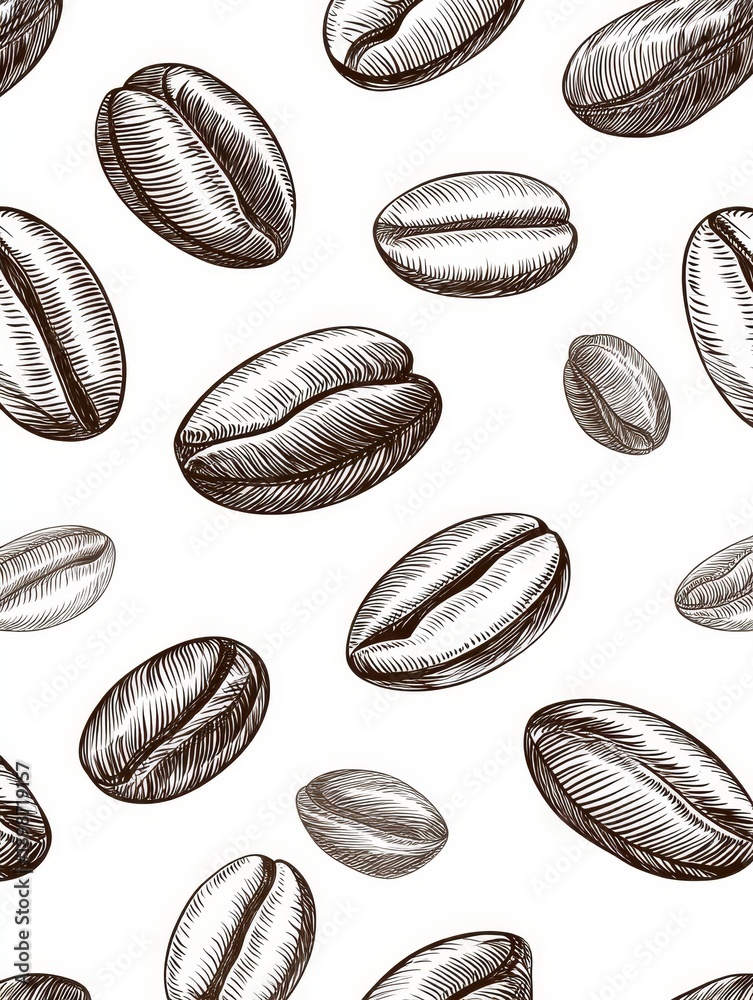 Fototapeta premium Simple Coffee Bean Engraving Sketch Pattern Illust - A pattern of hand-drawn coffee beans, symbolizing energy, warmth, aroma, morning ritual, and caffeine boost