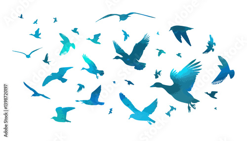 A blue flock of ducks and seagulls flying. hand drawing. Not AI. Vector illustration.