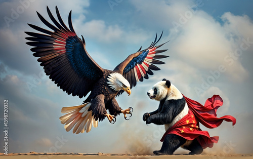 USA and China Trade War Symbolic Concept: A bald eagle wearing feathers with the American flag colors and a giant panda wearing a red robe with yellow stars from the Chinese flag face each other